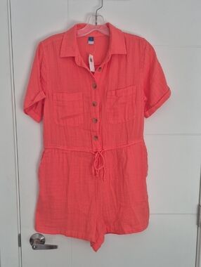 Old Navy Coral Button-Front Short Sleeve Romper